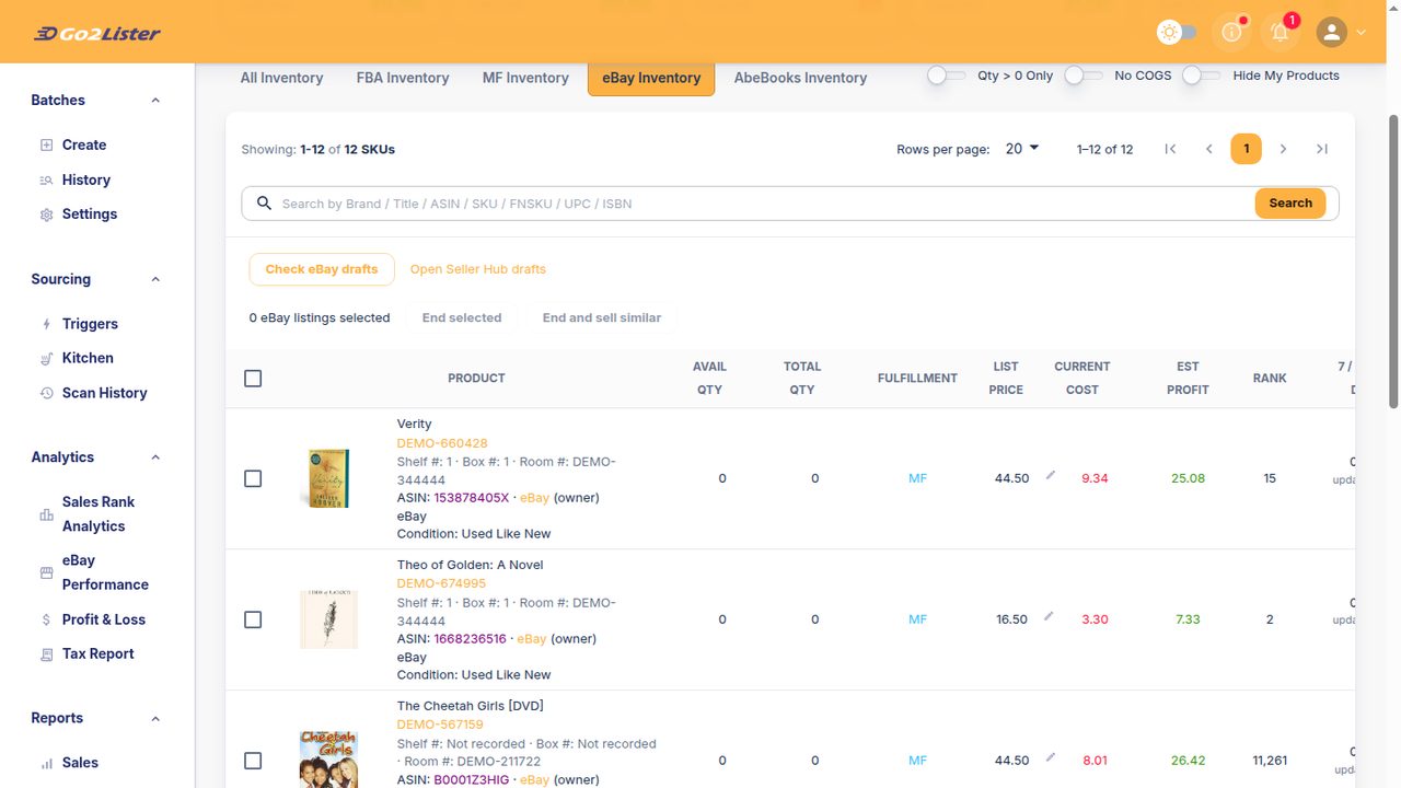 The eBay inventory tab with the same SKUs as Amazon