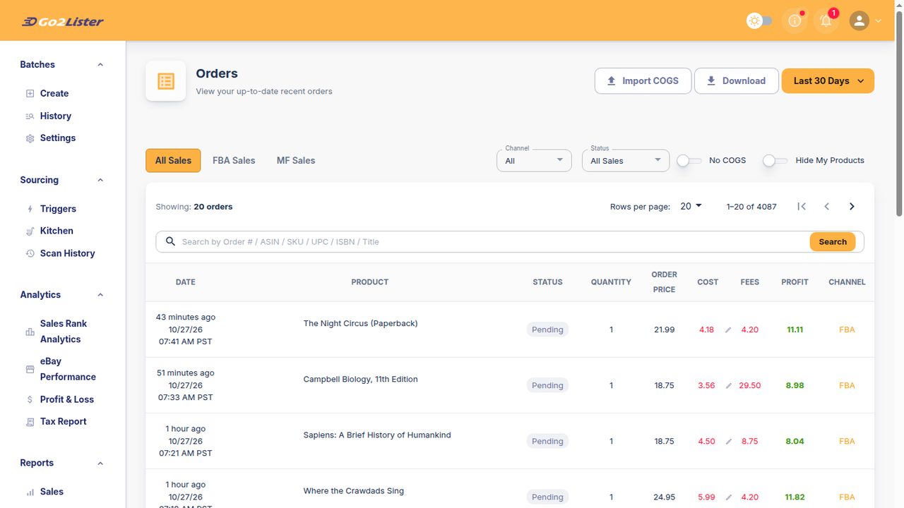 The Orders page with price, cost, fees and profit per order