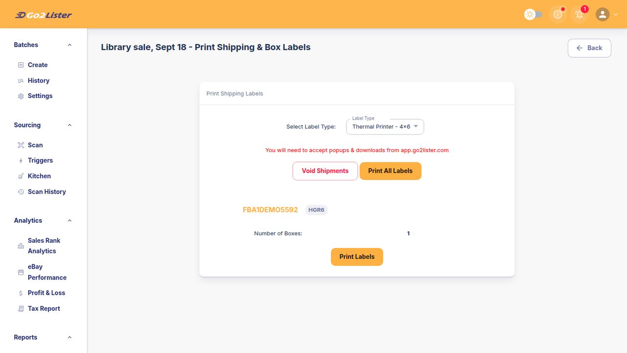 The shipment page with its boxes and shipping labels